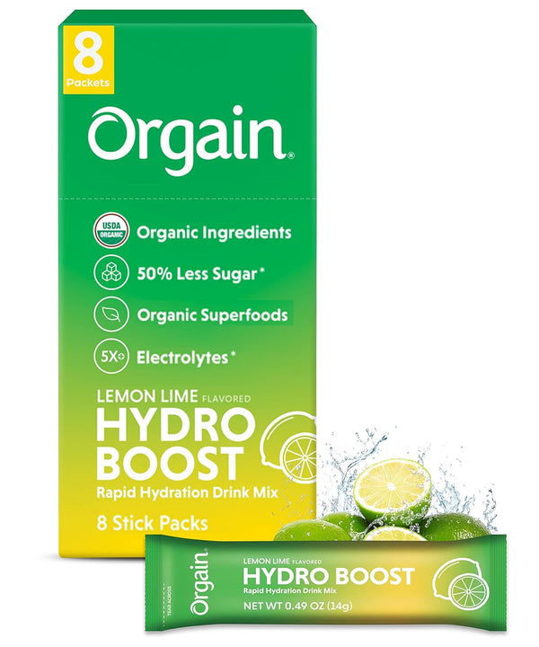 Orgain Organic Hydration Packets, Electrolytes Powder Lemon Lime Hydro Boost with Superfoods, 8-16 Count