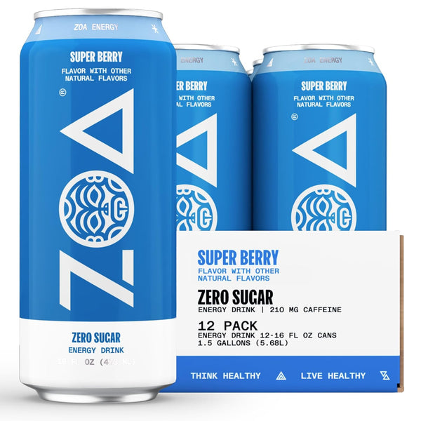 ZOA Zero Sugar Energy Drink - Super Berry, 16oz Cans (12 Pack)