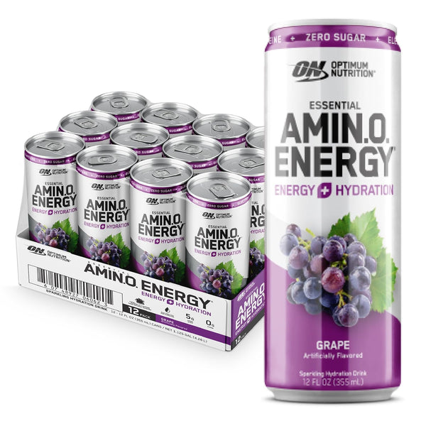 Optimum Nutrition Amino Energy Sparkling Hydration Drink, Grape, 12oz (12 Pack)