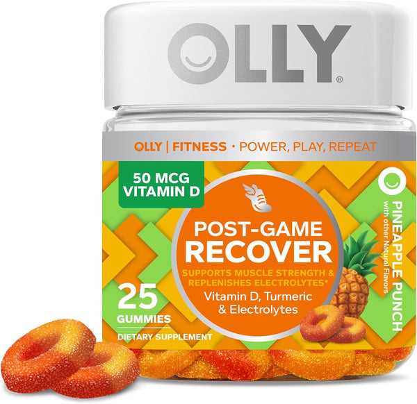 OLLY Post-Game Recover Workout Gummy Rings, Pineapple Punch Flavor, 25 Count