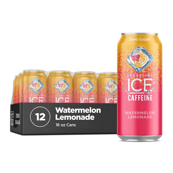 Sparkling Ice +Caffeine Watermelon Lemonade Sparkling Water, Zero Sugar, 16oz (12 Pack)