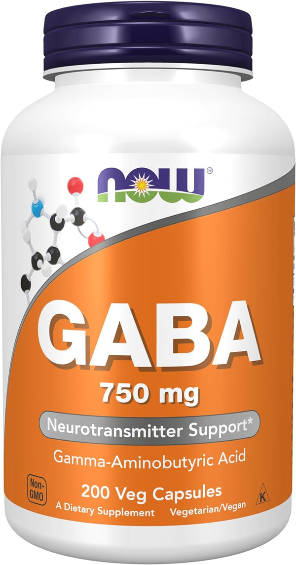 NOW Supplements, GABA (Gamma-Aminobutyric Acid) 750mg, Neurotransmitter Support, 100-200 Veg Capsules