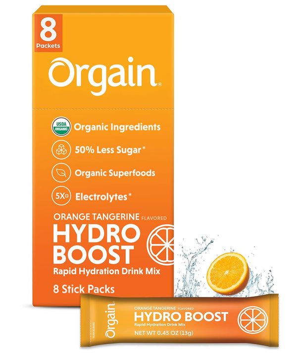 Orgain Organic Hydration Packets, Electrolytes Powder Orange Tangerine Hydro Boost with Superfoods, 8-16 Count