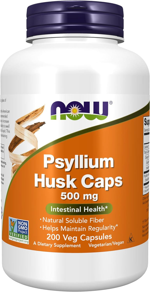 NOW Supplements, Psyllium Husk Caps 500 mg, Non-GMO Project Verified, Natural Soluble Fiber, 200 Veg Capsules