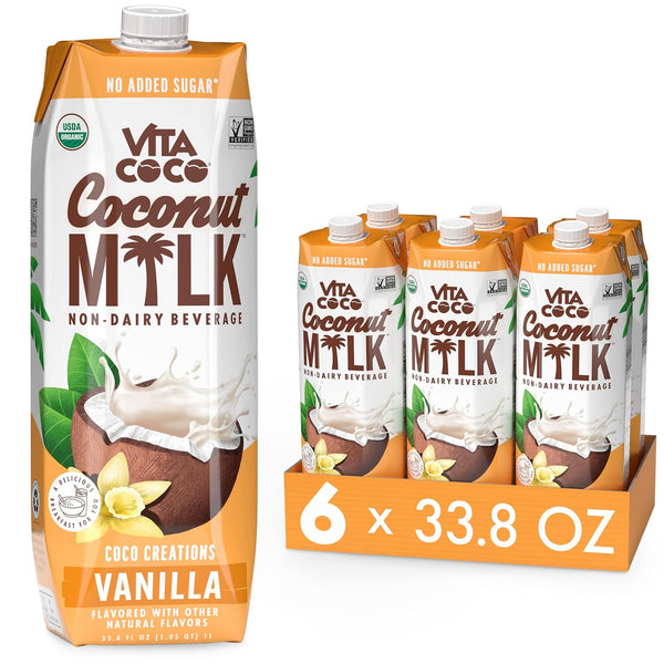 Vita Coco Vanilla Organic Coconut Milk, Plant Based, Unsweetened 33.8oz (6 pack)