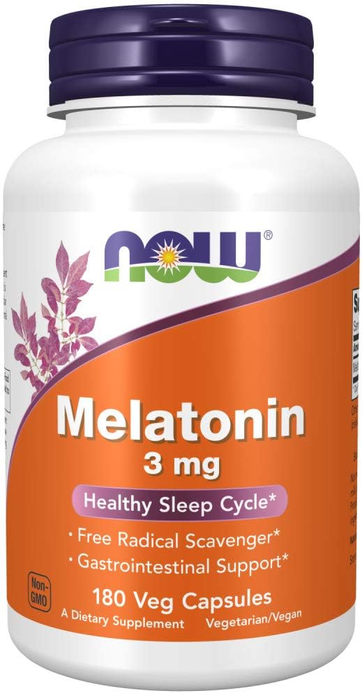 NOW Supplements, Melatonin 3 mg, Free Radical Scavenger, Healthy Sleep Cycle, 60-180 Veg Capsules