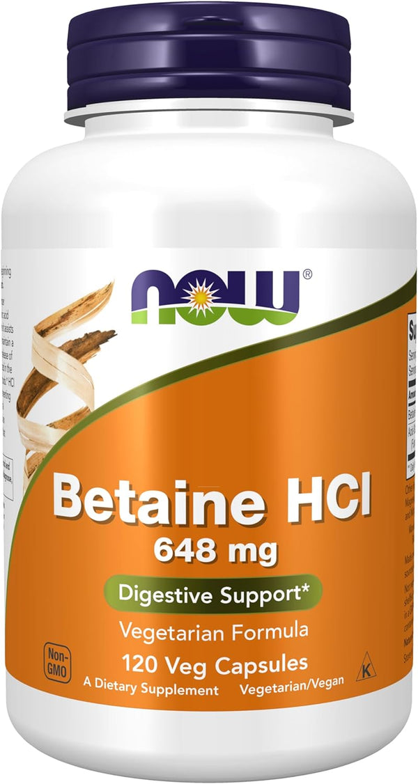 NOW Supplements, Betaine HCl 648 mg, Vegetarian Formula, Digestive Support, 120 Veg Capsules (1-2 pack)