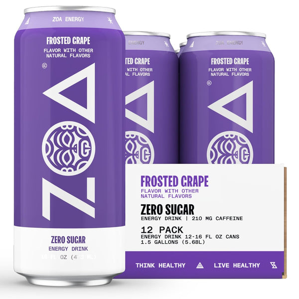 ZOA Zero Sugar Energy Drink - Frosted Grape, 16oz Cans (12 Pack)