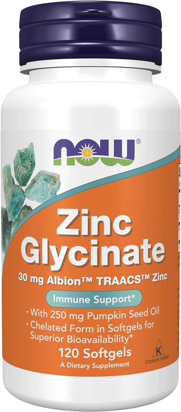 NOW Supplements, Zinc Glycinate with 250 mg Pumpkin Seed Oil, Supports Prostate Health, 120 Softgels