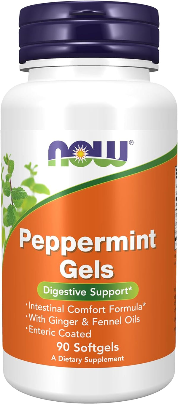 NOW Supplements, Peppermint Gels with Ginger & Fennel Oils, Enteric Coated, 90 Softgels