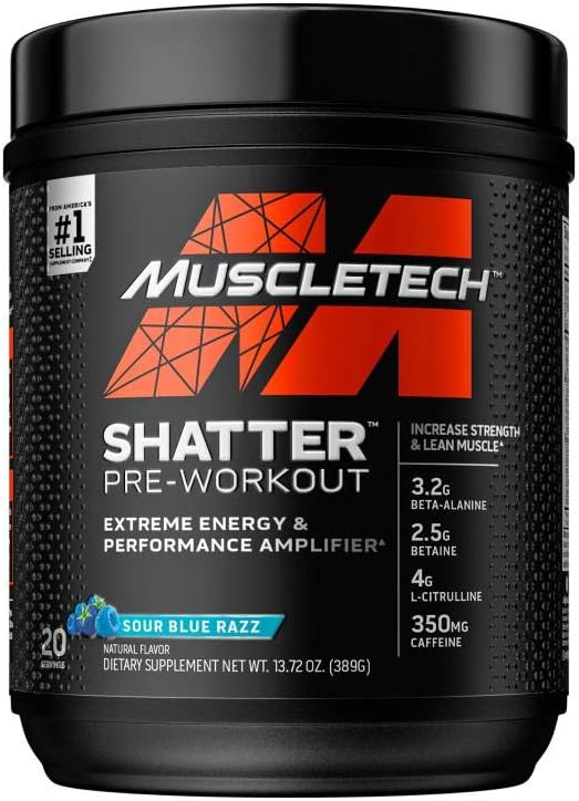 MuscleTech Shatter Pre-Workout Energy Powder Drink Sour Blue Razz (20 Servings)