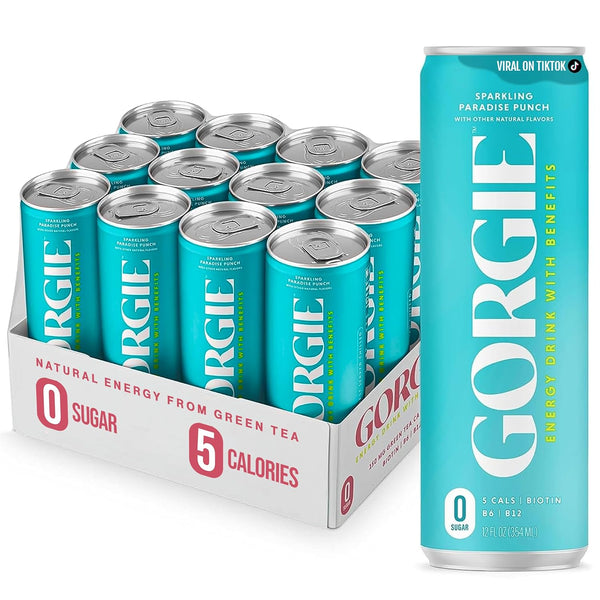 GORGIE Sugar Free Natural Energy Drinks, Sparkling Paradise Punch (12 Pack)