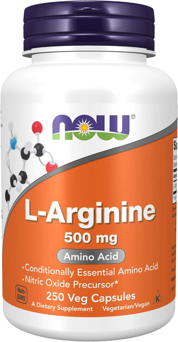 NOW Supplements, L-Arginine 500 mg, Nitric Oxide Precursor, 100-250 Veg Capsules (1-2 pack)