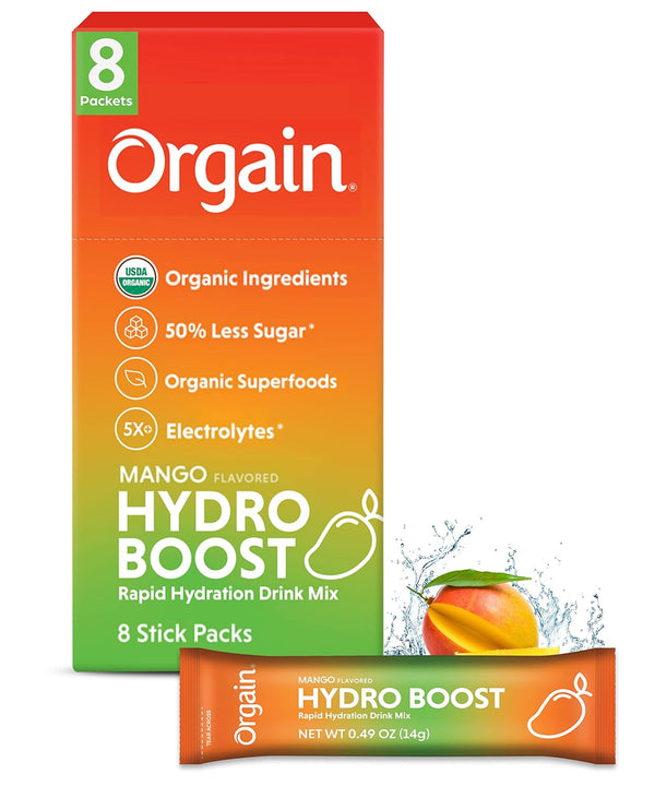 Orgain Organic Hydration Packets, Electrolytes Powder Mango Hydro Boost with Superfoods, 8 Count