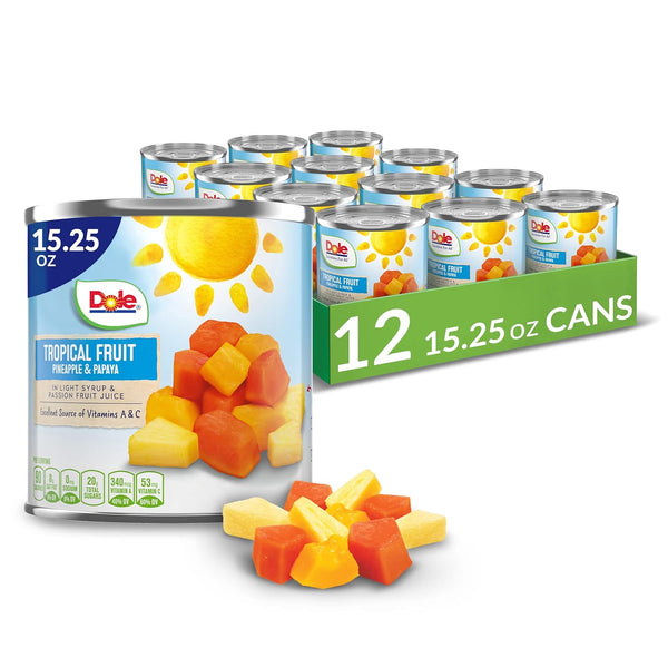 Dole Canned Tropical Fruit in Light Syrup & Passionfruit Juice, Pineapple & Papaya, 15.25oz, (12 pack)