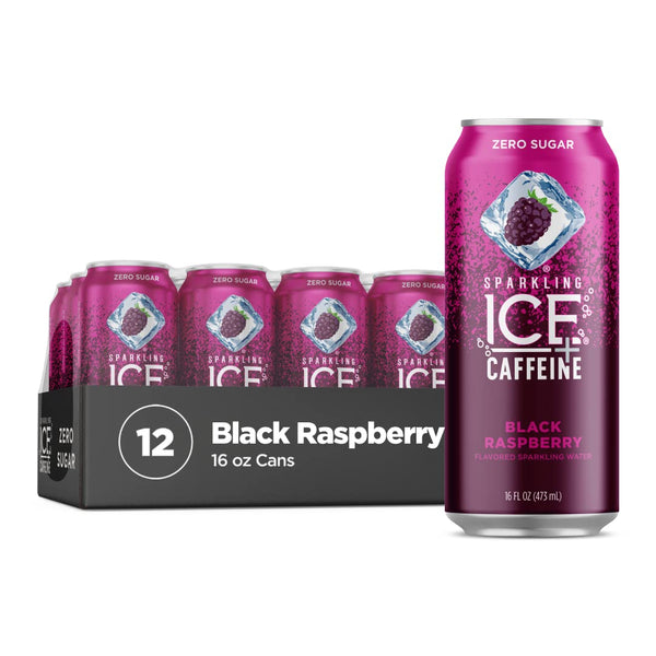 Sparkling Ice +Caffeine Black Raspberry Sparkling Water, Zero Sugar, 16oz Cans (12 Pack)