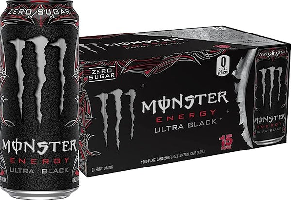 Monster Energy Ultra Black, Sugar Free Energy Drink, 16 Ounce (Pack of 15)