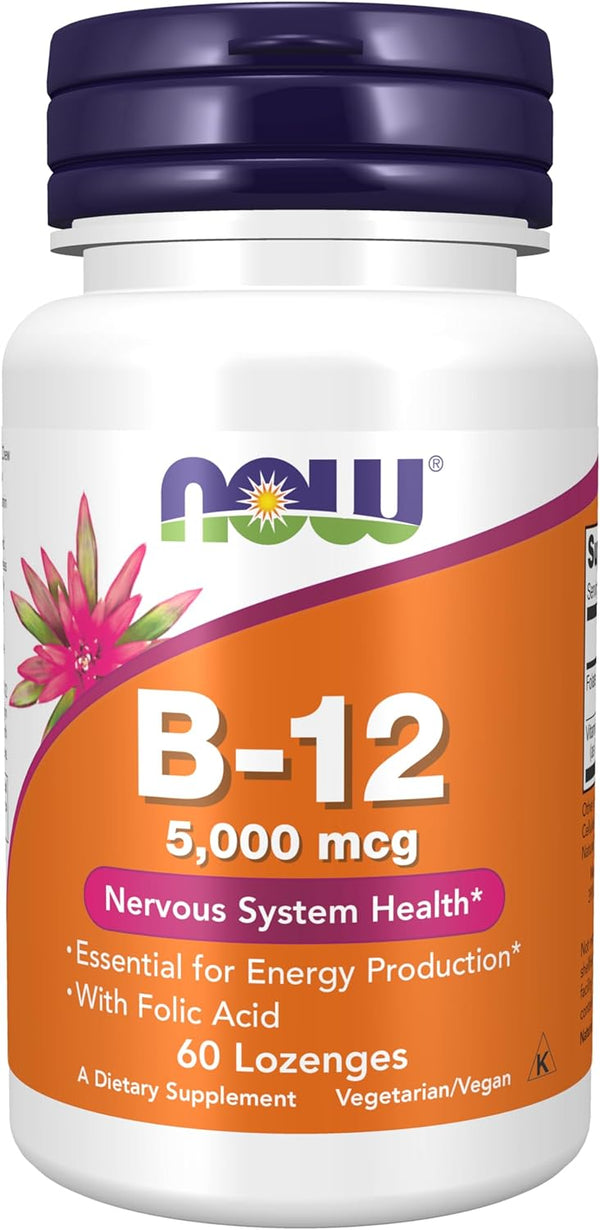 NOW Supplements, Vitamin B-12 5,000 mcg, With Folic Acid, Nervous System Health*, 60 Lozenges