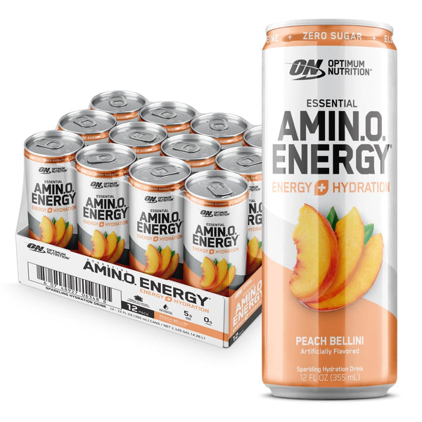 Optimum Nutrition Amino Energy Sparkling Hydration Drink, Peach Bellini, 12oz (12 Pack)