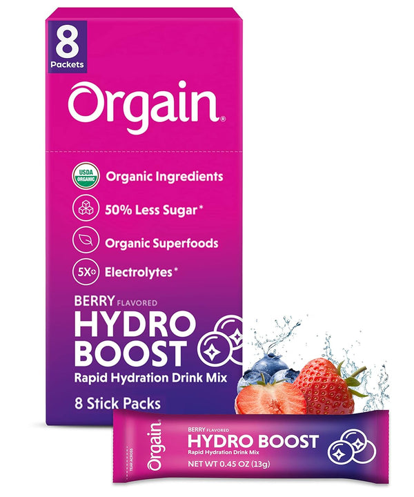 Orgain Organic Hydration Packets, Electrolytes Powder Berry Hydro Boost with Superfoods, 8-16 Count