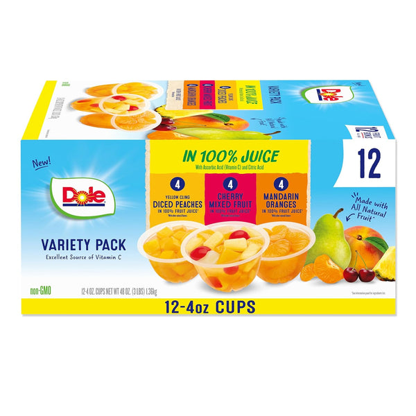 Dole Fruit Bowls Juice Variety Pack Snacks, Peaches, Cherry Mixed Fruit, Mandarin Oranges, 4oz 12 Cups