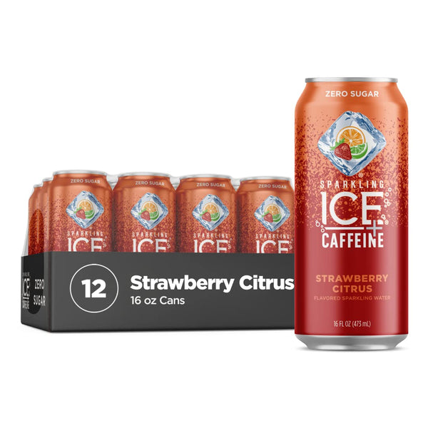 Sparkling Ice +Caffeine Strawberry Citrus Sparkling Water, Zero Sugar, 16oz (12 Pack)