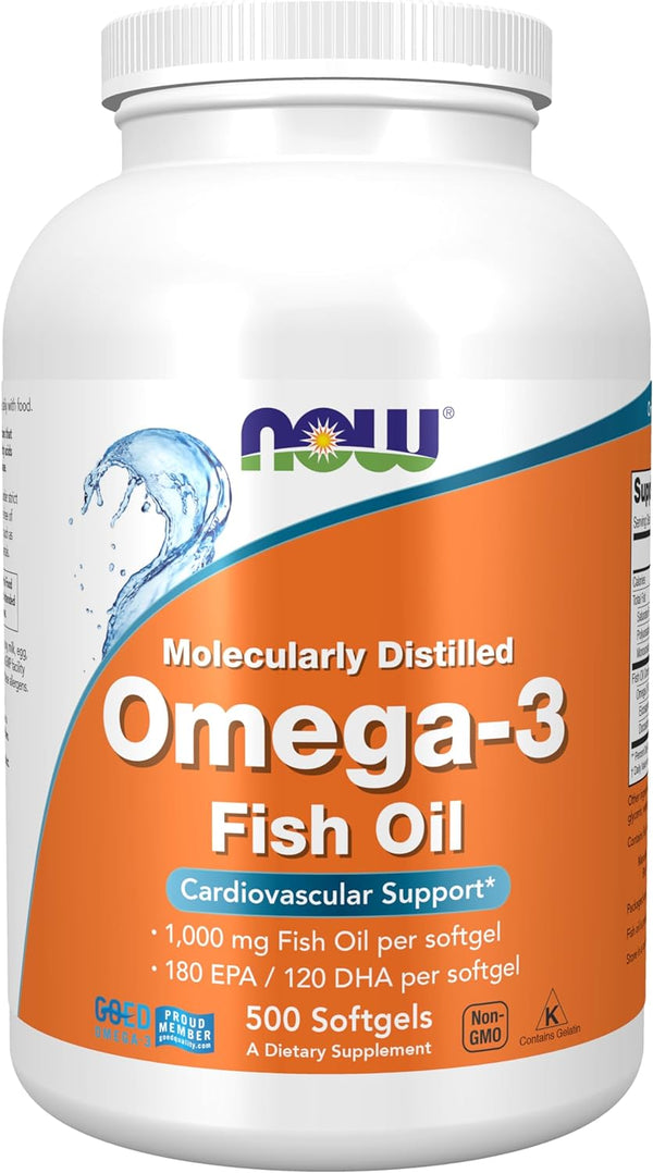 NOW Supplements, Omega-3 180 EPA / 120 DHA, Molecularly Distilled, Cardiovascular Support*, 30-200-500 Softgels