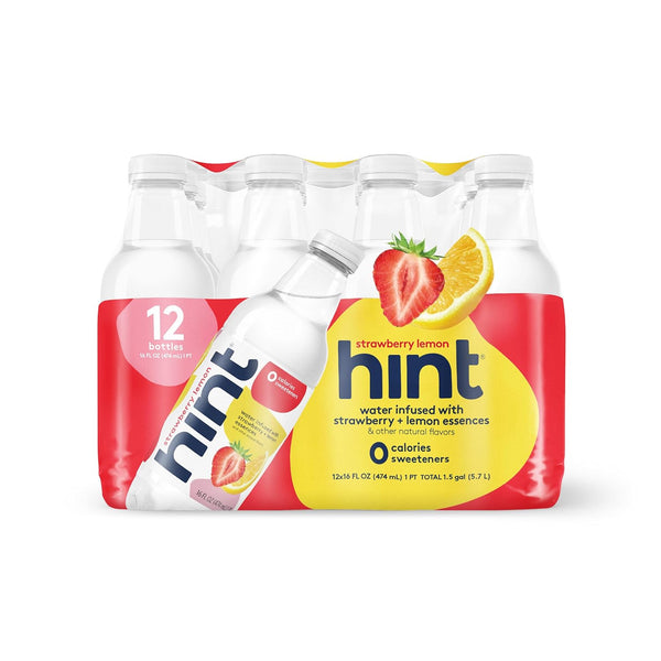 Hint Water Strawberry Lemon, Zero Sugar, 16oz Bottles, (12 Pack)