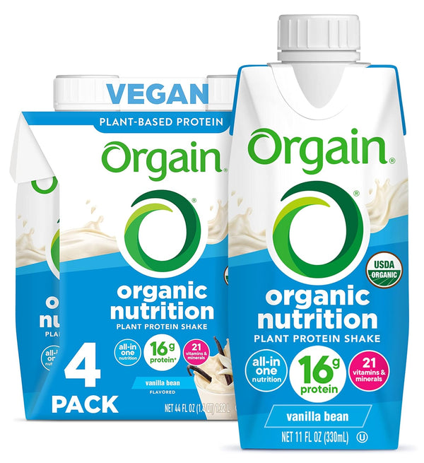 Orgain Organic Vegan Protein Shake, Vanilla Bean 11 Fl Oz Pack of 4-12 Ct