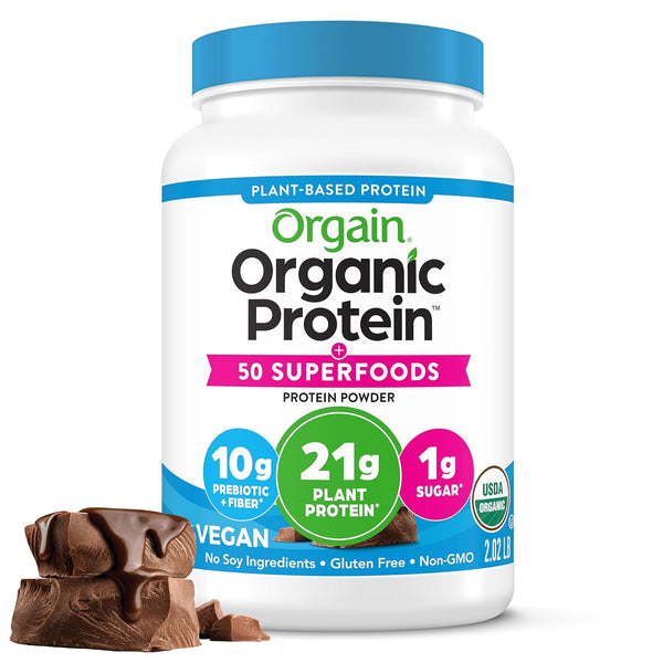 Orgain Organic Plant Based Protein + Superfoods Powder, Creamy Chocolate Fudge 21g Protein, 2.02 Lb