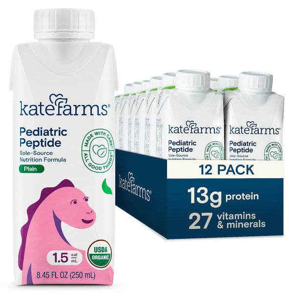 KATE FARMS Organic Pediatric Peptide, Unflavored Plain, Protein Drink, 8.45oz, (12 Pack)