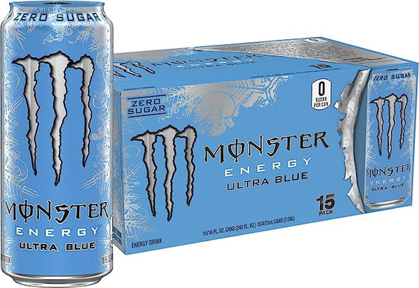 Monster Energy Ultra Blue, Sugar Free Energy Drink, 16 Ounce (Pack of 15)