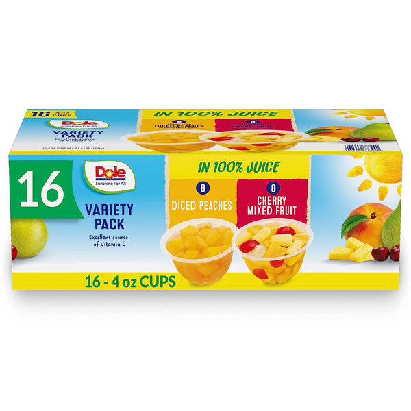 Dole Fruit Bowls, Diced Peaches and Cherry Mixed Fruit Variety Pack, 4oz (16 pack)