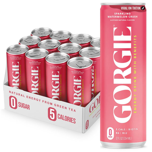 GORGIE Sugar Free Natural Energy Drinks, Sparkling Watermelon Crush (12 Pack)