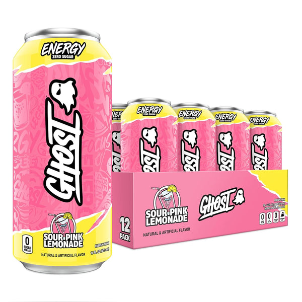 GHOST ENERGY Drink  Sugar-Free, Sour Pink Lemonade, 16oz (12 Pack)