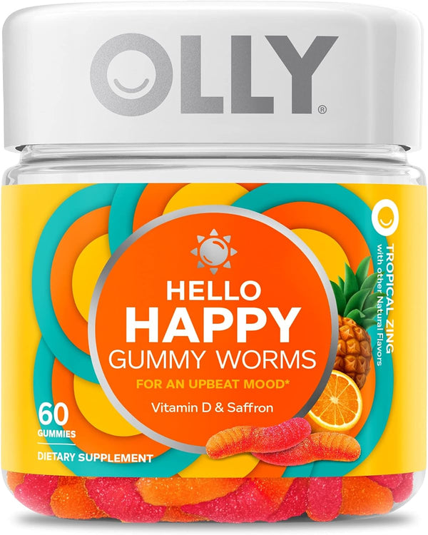 OLLY Hello Happy Gummy Worms, Adult Supplement, Tropical Zing, 60-90-120 Count