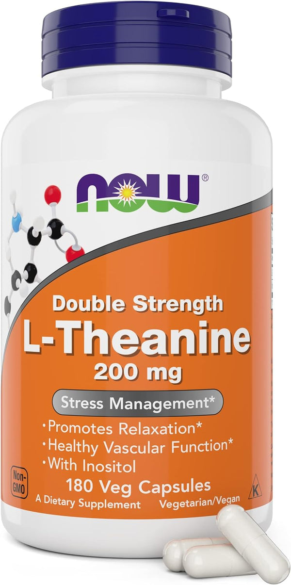 NOW Supplements, L-Theanine 200 mg with Inositol, Stress Management, 60-180 Veg Capsules