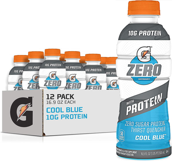 Gatorade Zero Sugar with Protein Sports Drink, Cool Blue, 16.9 oz, 4-12 Pack