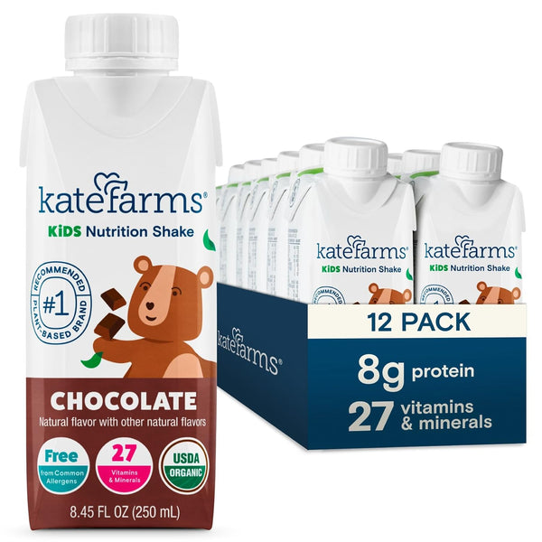 KATE FARMS Organic Kids Nutrition Shake, Chocolate, 8g protein 8.45oz (6-12 Pack)