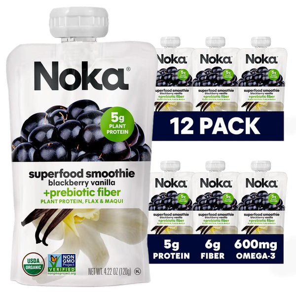 Noka Superfood Fruit Smoothie Pouches, Blackberry Vanilla, 4.22oz, 6-12 Pack