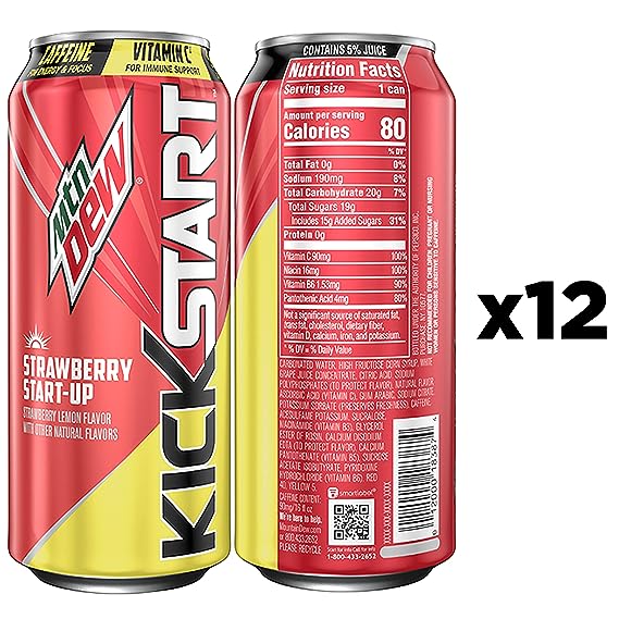 Mountain Dew Kickstart Strawberry Start-Up (16 Ounce Cans, Pack of 12)