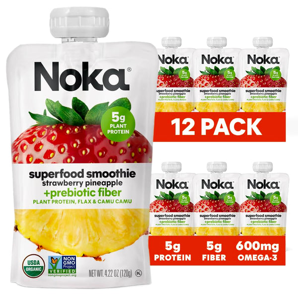 Noka Superfood Fruit Smoothie Pouches, Strawberry Pineapple, 4.22oz, 4-12 Pack