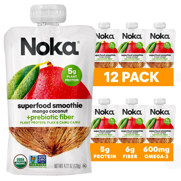 Noka Superfood Smoothie Pouches Mango Coconut, 4.22oz, 6-12 Pack