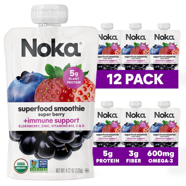 Noka Superfood Fruit Smoothie Pouches, Super Berry, 4.22oz, 4-12 Pack