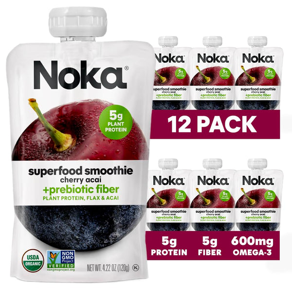 Noka Superfood Fruit Smoothie Pouches, Cherry Acai, 4.22oz, 6-12 Pack