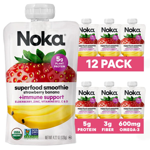 Noka Organics Gluten Strawberry Banana Smoothie Pouch, 4.22oz, 4-12 Pack