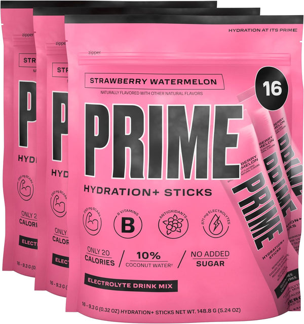 PRIME HYDRATION+ Sticks Strawberry Watermelon | Caffeine-Free | Vegan | 16-48 Pack