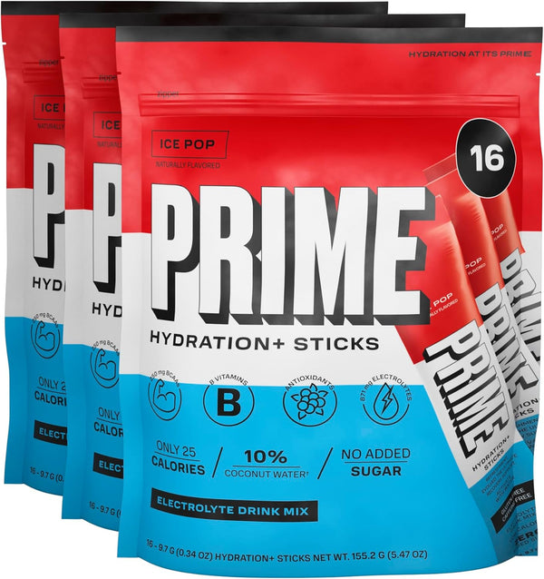 PRIME Hydration+ Sticks ICE POP | Caffeine-Free | Vegan | 16-48 Pack