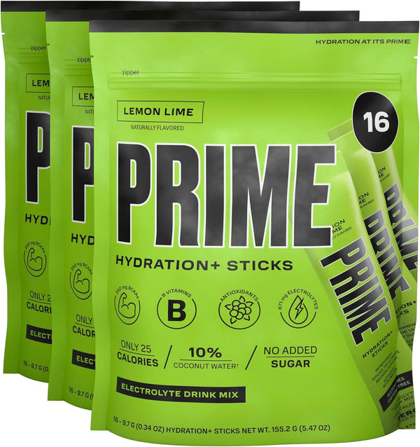 PRIME Hydration+ Sticks LEMON LIME | Caffeine-Free | Vegan | 16-48 Pack