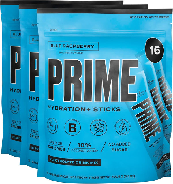 PRIME Hydration+ Sticks BLUE RASPBERRY | Caffeine-Free | Vegan | 16-48 Pack